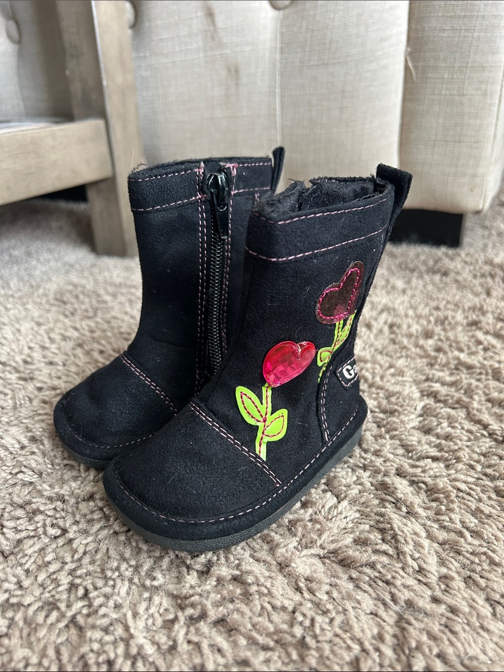 Garanimals Black Boots with Pink Heart Flowers